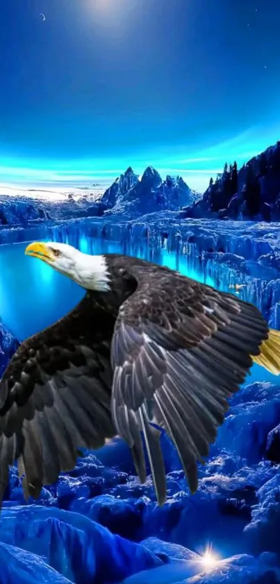 Majestic eagle flying over a vibrant blue icy landscape.