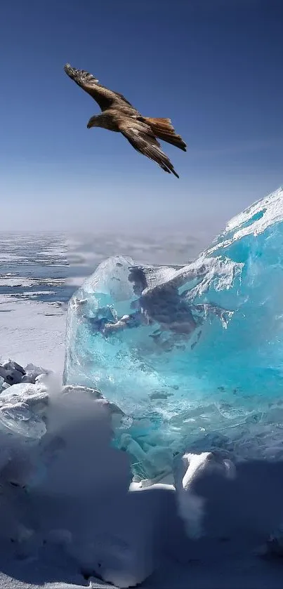 Majestic eagle flying over blue icy landscape.