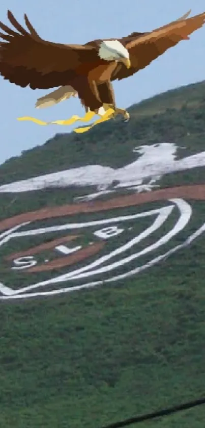 Eagle soaring over a green mountain landscape with emblem art.