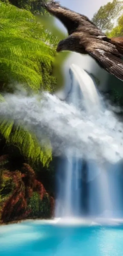 Eagle flying over a tropical waterfall with lush greenery and turquoise pool.