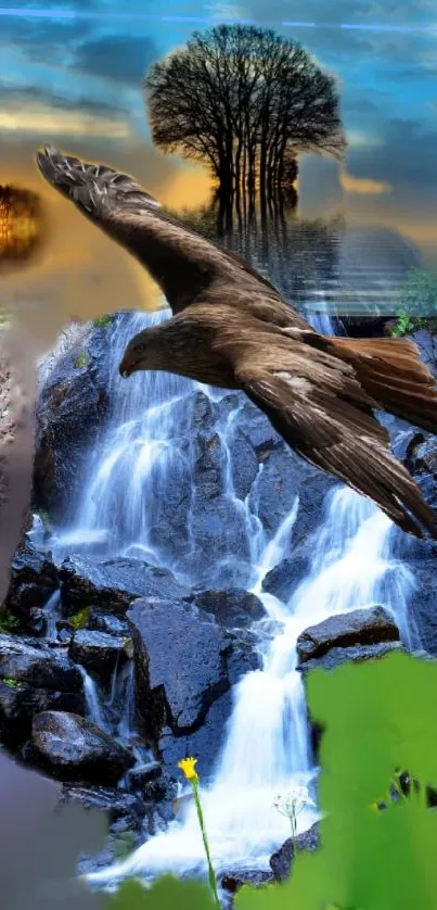 Eagle flying over a cascading waterfall with sunset behind.