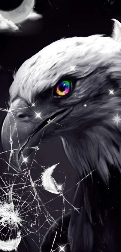 Majestic eagle with vivid eye against black background.