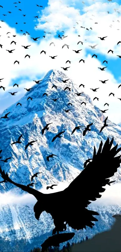 Eagle silhouette against a snowy mountain. Sky filled with birds.