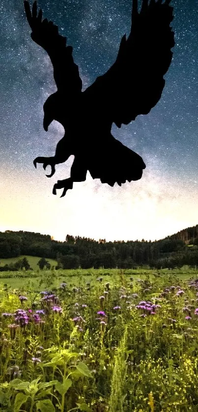 Eagle silhouette flying over a flower field under a starry night sky.