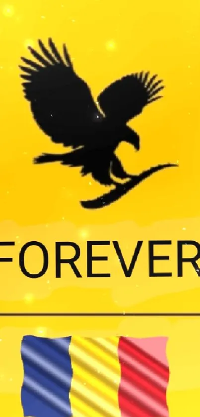 Black eagle silhouette on yellow background, colorful flag, 'FOREVER' text.