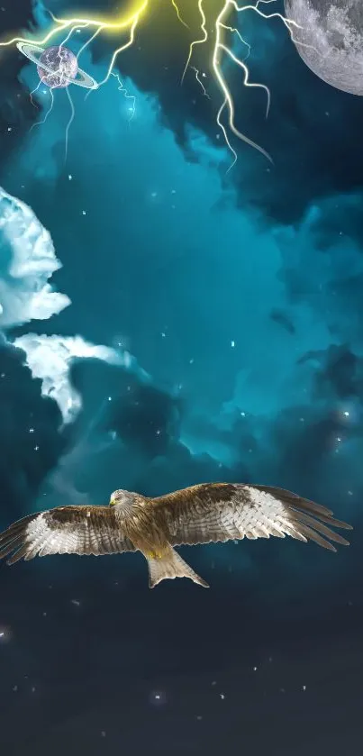 A majestic eagle soars under a mystical sky with lightning and a distant moon.