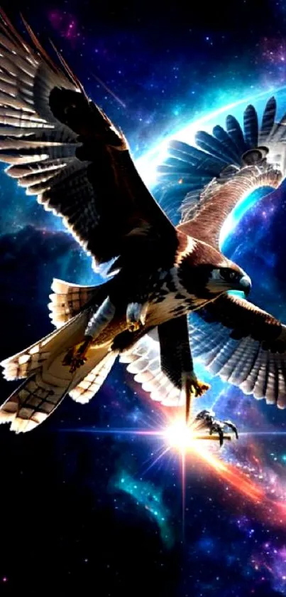 Majestic eagle soaring through colorful cosmic space.