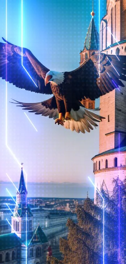 Eagle soaring above a cityscape with cathedral at sunrise.