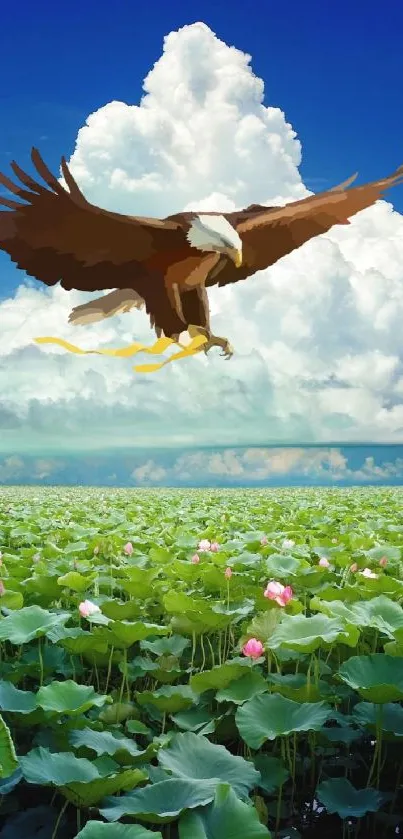 Eagle soaring above a lush lotus field under a bright blue sky.