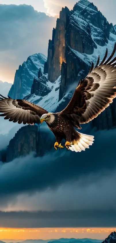 Eagle flying over sunset-lit mountains, capturing nature's majesty.