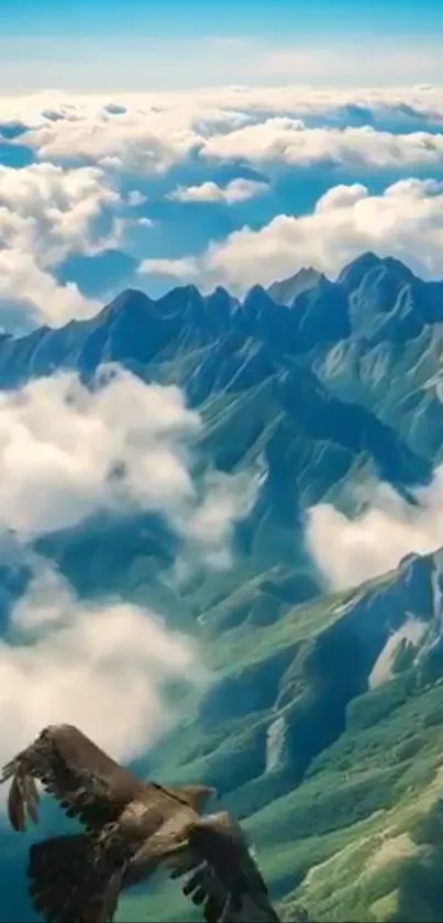 Eagle flying over mountains and clouds with a clear blue sky.