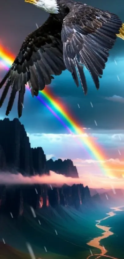 Eagle flying over a rainbow and mountains at sunset.