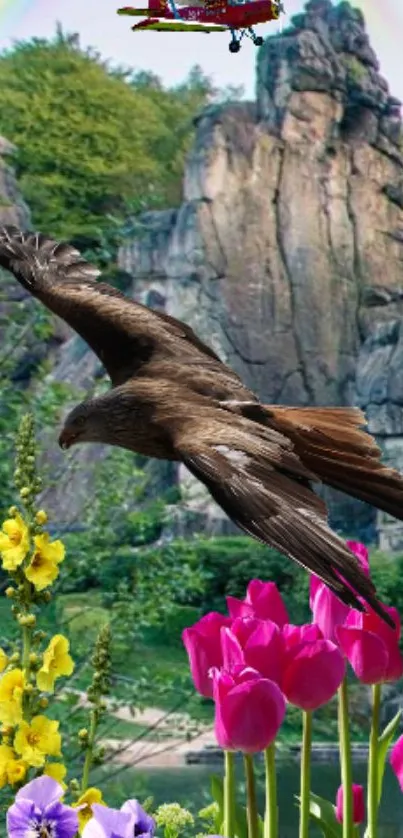 Eagle soaring over vibrant spring flowers and scenic landscape