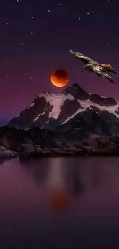 Eagle soaring over mountain landscape with a blood moon and starry sky.