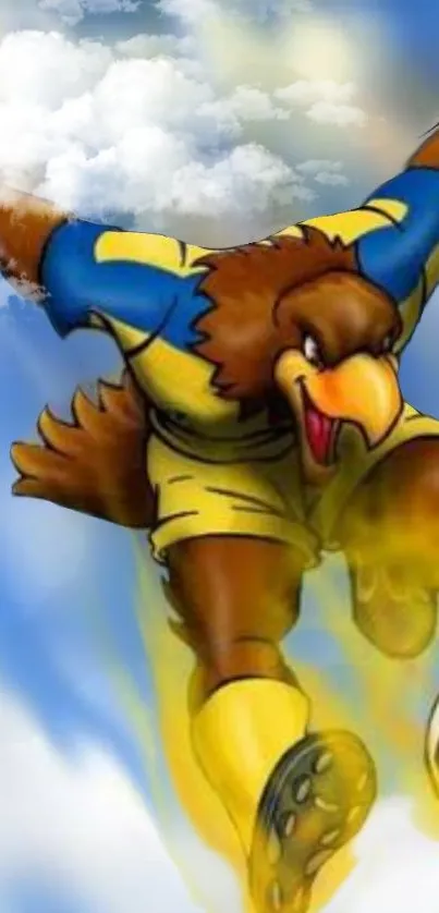 Animated eagle playing soccer in vibrant sky.