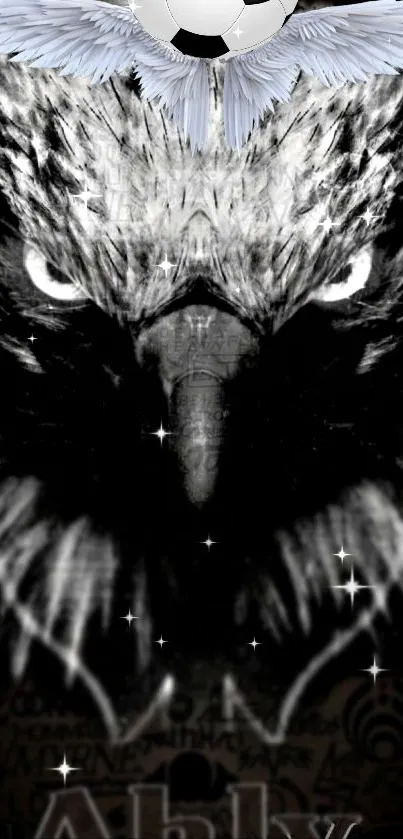 Black and white eagle with soccer theme and starry elements.