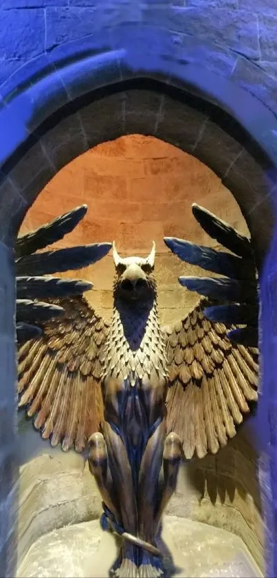 Mystical eagle statue in a stone archway with blue hues.