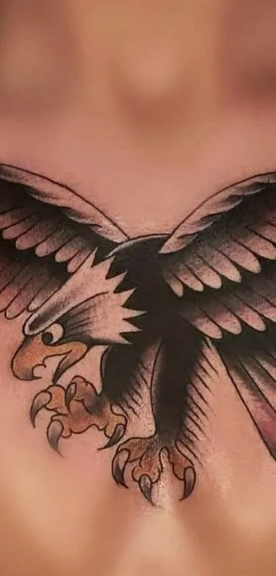 Eagle tattoo in black and brown ink on chest as mobile wallpaper.