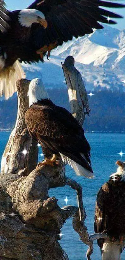 Eagles perched on driftwood by snowy mountains.