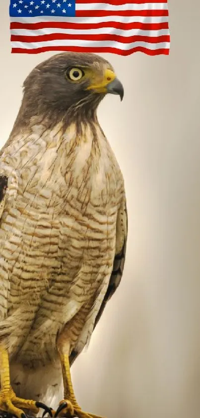 Eagle perched with an American flag backdrop for patriotic display.