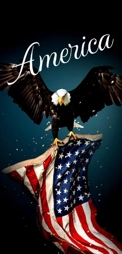 Majestic eagle holds American flag on mobile wallpaper.
