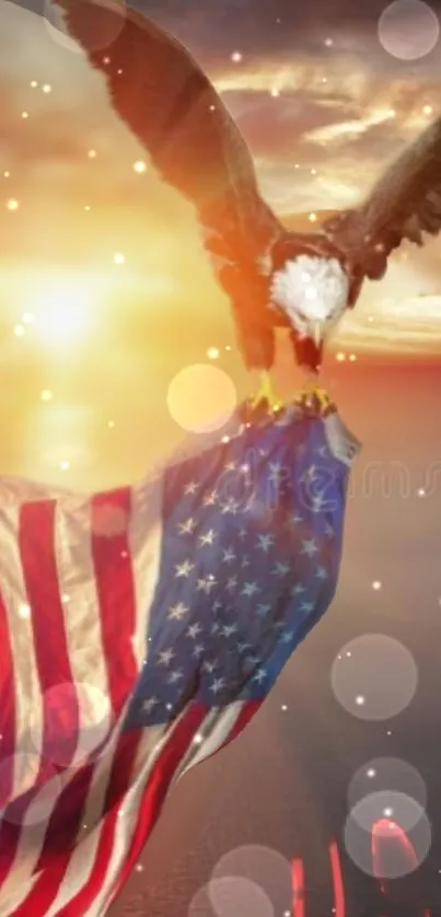 Majestic eagle with American flag in sunset wallpaper.