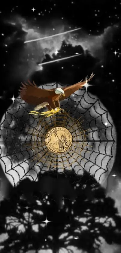 Eagle soaring over dreamcatcher in a starry night sky.