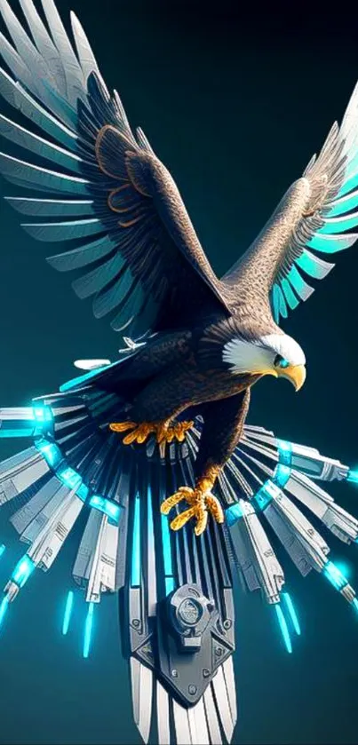 Eagle with futuristic metal wings glows on dark background.