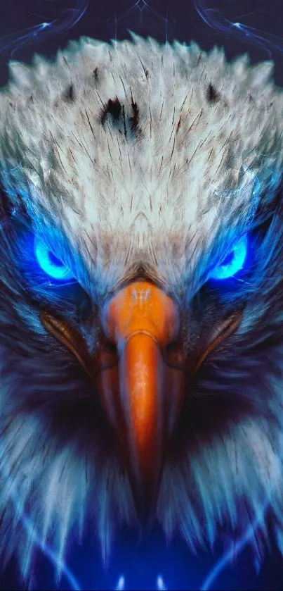 Eagle with intense glowing blue eyes in a dark-themed design.