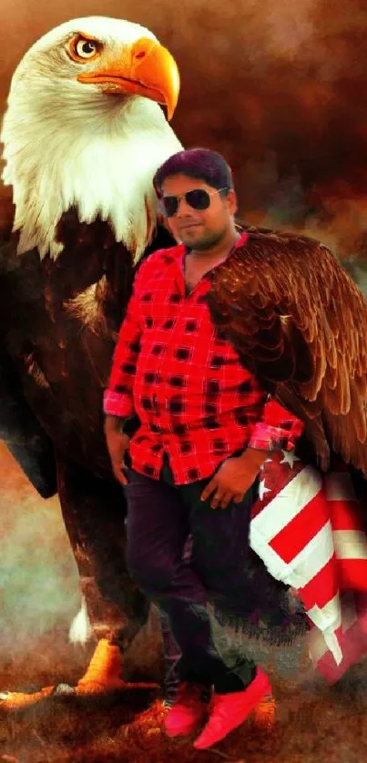 Majestic eagle and person on vibrant mobile wallpaper.