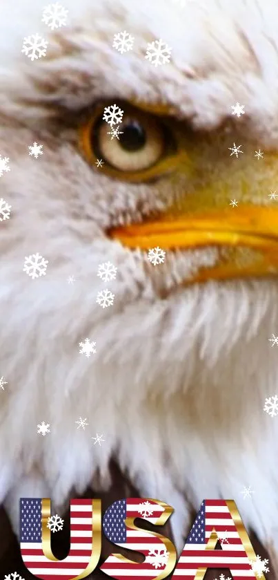 Close-up of bald eagle with snowflakes and USA text.