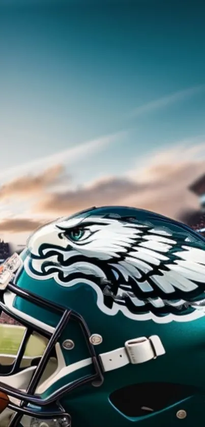 Football helmet with eagle logo against stadium backdrop.