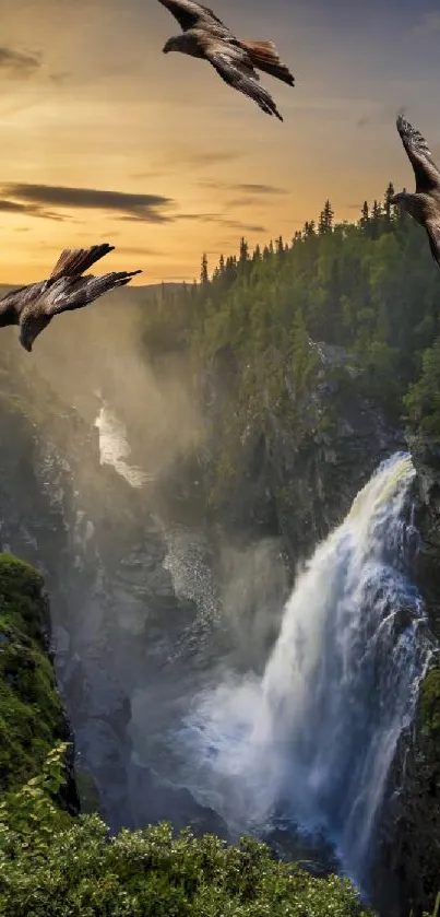 Eagles soar above a scenic waterfall at sunset in a lush forest setting.