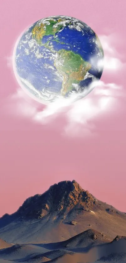 Wallpaper showing Earth above a mountain under pink sky.