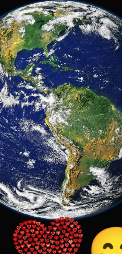 Vivid Earth image with heart and smiley emojis on black background.