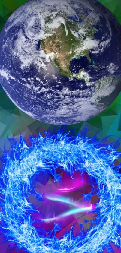 Earth and blue energy circle on colorful geometric background.