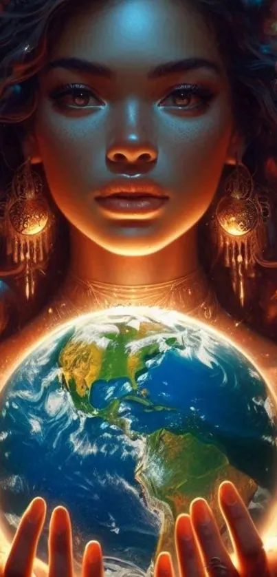 Ethereal beauty holding Earth with cosmic flair.