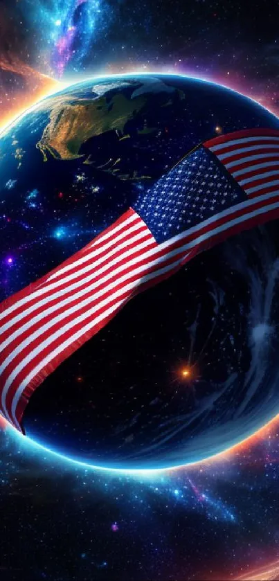 Earth with American flag in galactic scene mobile wallpaper.