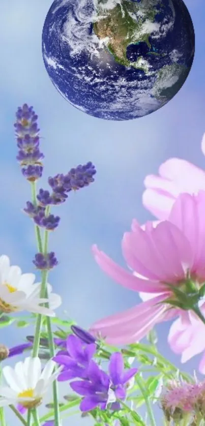 Earth above colorful floral arrangement under blue sky.