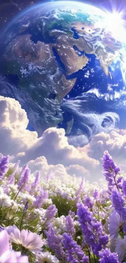 Earth above lush flower fields under a bright sky.