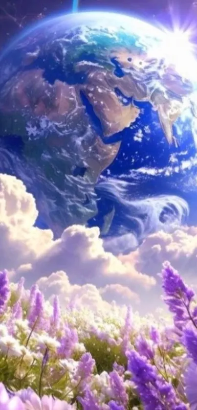 Earth from space with lavender flowers below, surrounded by celestial light.