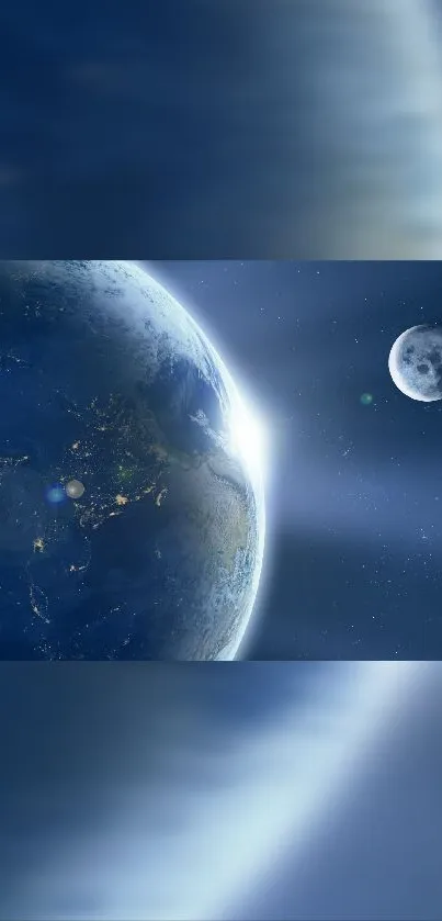 Earth and Moon viewed from space with navy blue background.