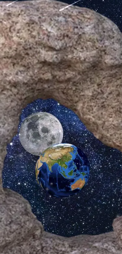 Earth and Moon framed by rocky wall against starry night sky.