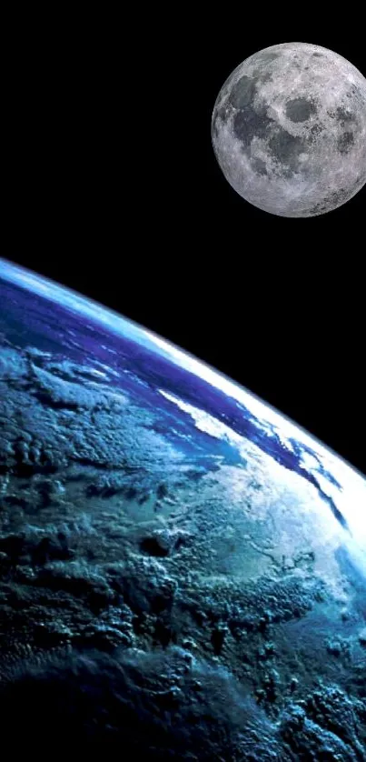 Wallpaper of Earth and Moon in space scene.