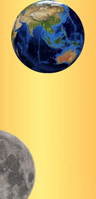 Earth and Moon on orange mobile wallpaper background.