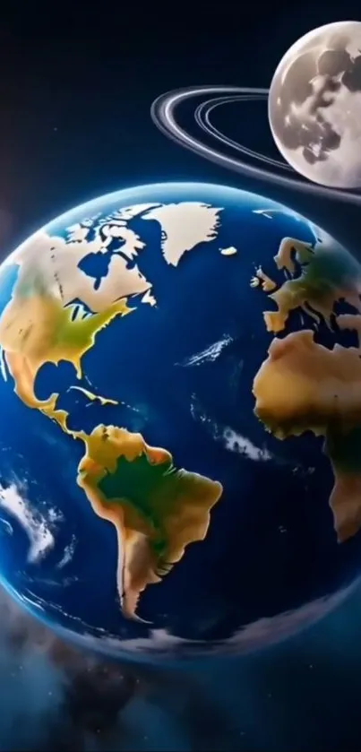 Earth and Moon in deep space, vibrant and detailed.