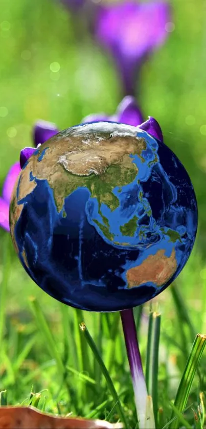 Globe surrounded by purple flowers and grass.