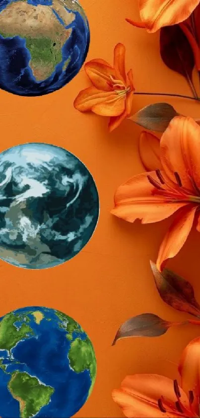 Vibrant wallpaper with Earth globes and orange flowers.