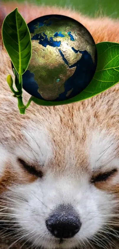 Serene red panda with globe and leaves, symbolizing nature's harmony.