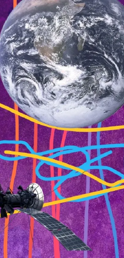 Earth with satellite on purple background, colorful design.